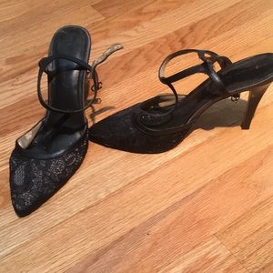 Black lace pumps. 3-3.5 inch heel. T-strap style